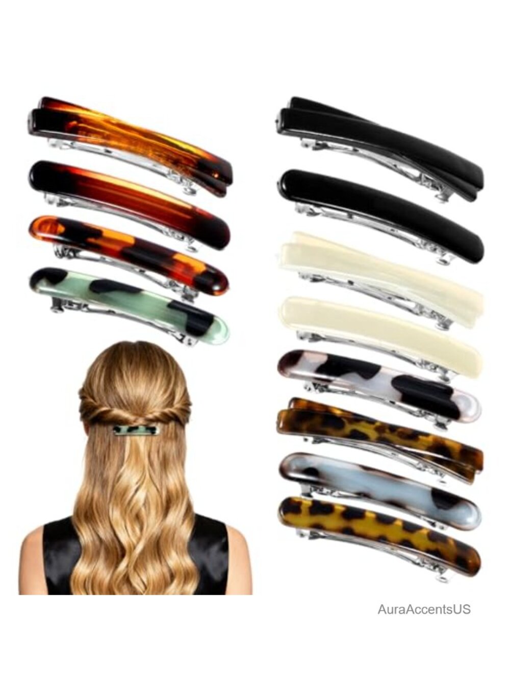 12 PCS French Hair Barrettes for Women, Tortoise Shell Acetate Hair Clips, No